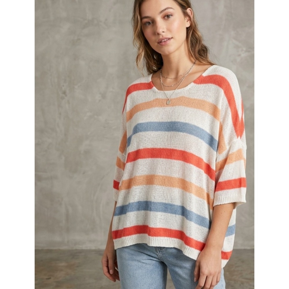 Mello Striped Knit Oversized Boho Coastal Beachy Pullover Sweater S